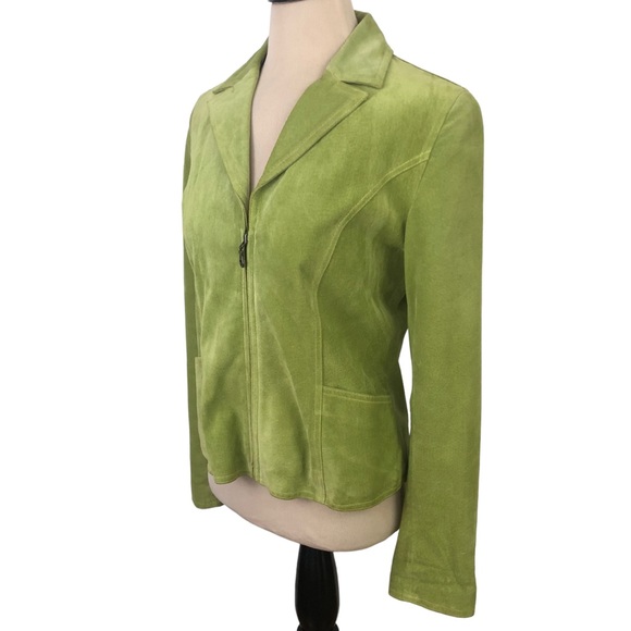 TELLURIDE CLOTHING CO Women Suede Leather Short Zip Lime Green Moto JACKET M Y2K - Picture 6 of 16